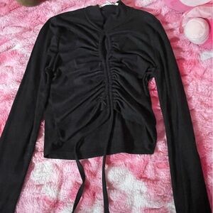 Black long sleeve crop top with tie detail